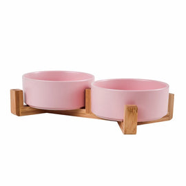 pinkdouble-bowl-with-wooden-stand