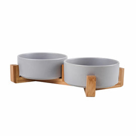 graydouble-bowl-with-wooden-stand